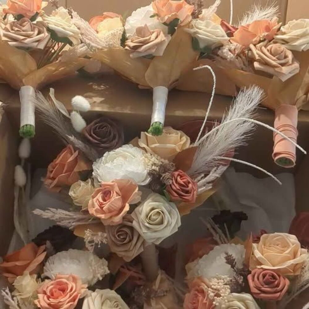 Set of 6 Ling's Silk Floral Boho Rust & Sepia Bridesmaids Bouquets
